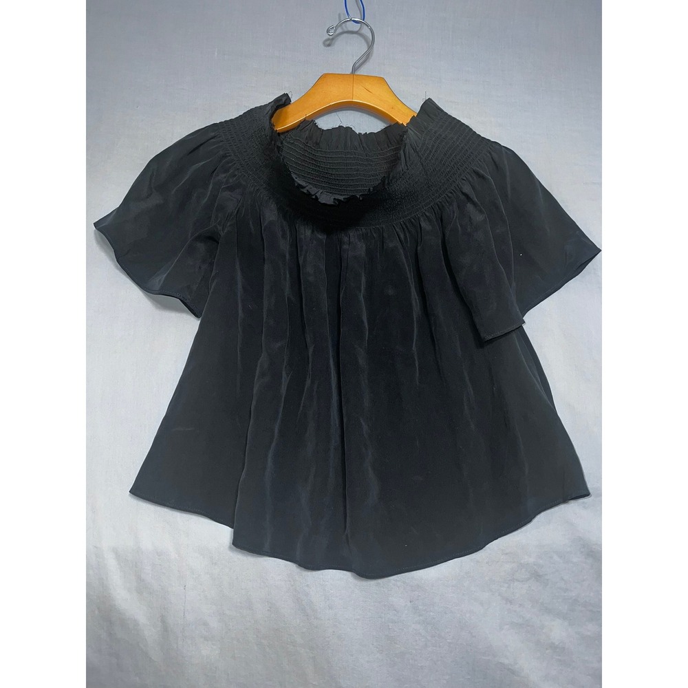 7 For All Mankind Black Smocked High Neck Short Sleeve Blouse XS 10415